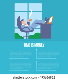 Successful businessman relaxing with cup of coffee at office with his feet up on desk. Time is money infographics template, vector illustration on blue background with space for text. Coffee break