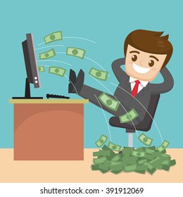 successful businessman relaxing his feet on desk office sit on money bills pile, vector  illustration