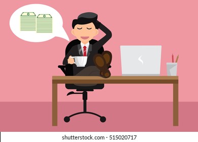 Successful businessman relaxing his feet on desk office with hand holding hot coffee and dreaming to money. Business success concept vector illustration.