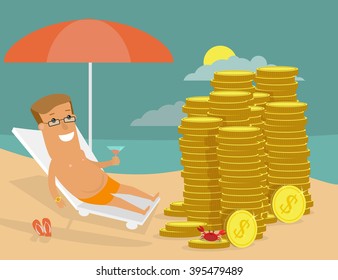 Successful businessman resting on the beach in front of his money. Success business concept cartoon illustration.