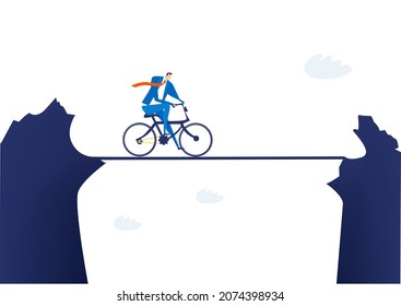 Successful Businessman Ride Bike Over The Canyon. Winning, Unique Approach.  Business Concept Illustration