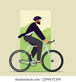 Successful businessman riding on a bicycle. Cycling activity in the nature for better healthy life, World bicycle day.