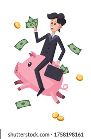 Successful businessman riding a piggy bank. Successful investments, charity, financial success concept illustration. Isolated on white background.