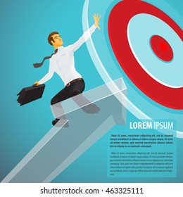 Successful businessman riding a pointer flies right on target. Vector illustration in flat, cartoon style isolated from the background