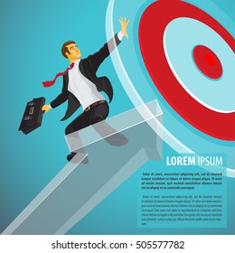 Successful businessman riding a pointer flies right on target. Vector illustration in flat, cartoon style isolated from the background