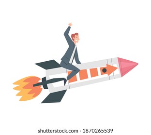 Successful Businessman Riding Space Rocket, Leadership, Startup Business Concept Cartoon Style Vector Illustration