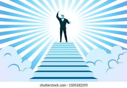 Successful Businessman Rise Hand on Top Stairs Cloud Sunbeam Vector Illustration