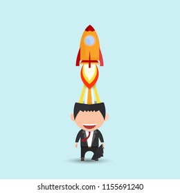Successful businessman with rocket ship launching from his head. Business idea start up concept. vector illustration. flat design.