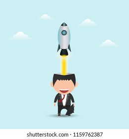 Successful businessman with rocket ship launching from his head. Business idea start up concept. vector illustration. flat design.