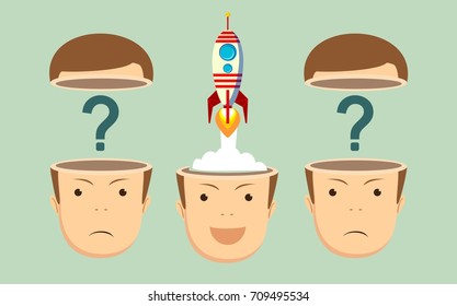 Successful businessman with rocket ship launching from his head. Business idea start up concept. Stock flat vector illustration.
