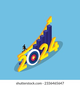 Successful businessman running up arrow in 2024 isometric 3d vector illustration concept for banner, website, illustration, landing page, flyer, etc