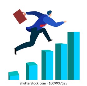 successful businessman running up the bar chart