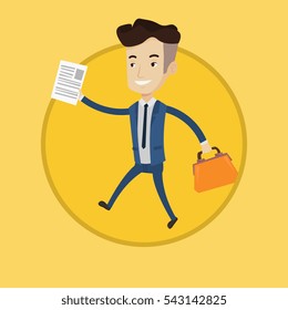 Successful businessman running with briefcase and document in hands. Businessman walking to success. Business success concept. Vector flat design illustration in the circle isolated on background.