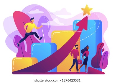 Successful businessman running up the career stairs   rising arrow to star  Career growth  careerbuilder  career development concept  Bright vibrant violet vector isolated illustration