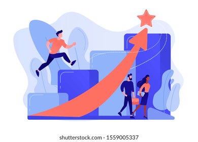 Successful businessman running up the career stairs and rising arrow to a star. Career growth, careerbuilder, career development concept. Pinkish coral bluevector isolated illustration