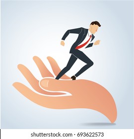successful businessman running on big hand vector, business concept 