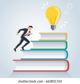 successful businessman running on books to light bulb creative design vector illustration, education concepts