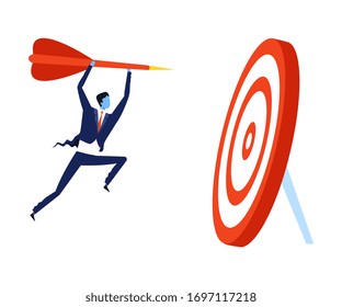 Successful Businessman Running to Target with Arrow, Leadership, Challenge, Competition Concept Vector Illustration