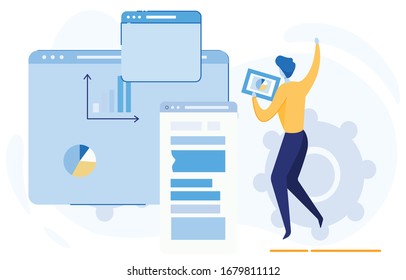 Successful Businessman Satisfied with Finance Growth on Upward Chart shown on Computer or Smartphone Displays. Business Profit Growth and Successful Startup. Flat Cartoon Vector Illustration.