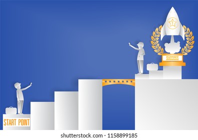 successful businessman says goodbye to beginer, achieve concept, paper art style, digital carft