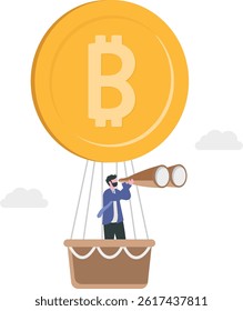 Successful businessman sees with a telescope and flies a hot air balloon with bitcoin. Balloon, Banking, Bitcoin

