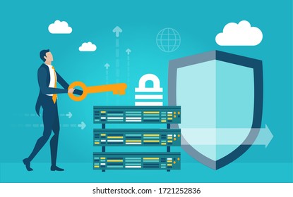 Successful businessman in the server room. Technical Controller working at His workstation, engineer, team leader, looking after the data, controlling supporting internet security, analysing system