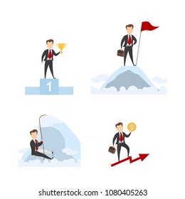 Successful businessman set with trophy, flag and money.