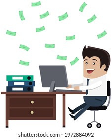 Successful businessman sit with computer surrounded by money bills. Office male employee makes money. Happy man in business suit at workplace with dollar banknotes. Income and high earnings concept