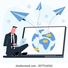 a successful businessman sits on his laptop and sends an e-mail through his computer to an emailservice messaging service around the world on the planet earth screen vector flat illustration