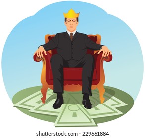 Successful businessman is sitting like a king on a heap of money