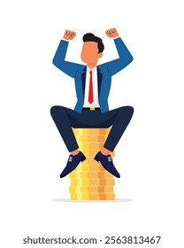 Successful businessman sitting on a stack of gold coins, signifying wealth, success, financial growth, and economic prosperity