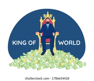 Successful businessman sitting on throne 2D vector web banner, poster. King of world phrase. Tycoon flat character on cartoon background. Rich person printable patch, colorful web element