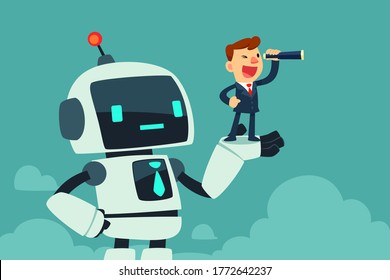 Successful businessman with spyglass standing in a hand of giant robot with artificial intelligence. Artificial intelligence business concept.