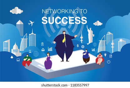 Successful Businessman standing among general people using technology, info Vector illustration