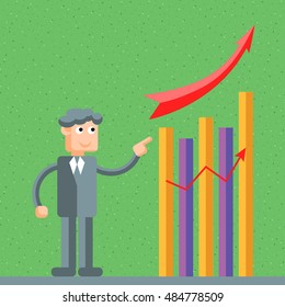 Successful businessman standing with arms folded next to bar chart stats showing business growth trend
