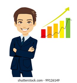 Successful businessman standing with arms folded next to bar chart stats showing business growth trend