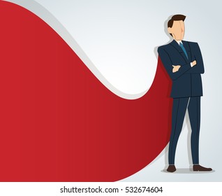 Successful businessman standing with crossed arms and red cape background