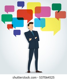 Successful businessman standing crossed arms with chat box background