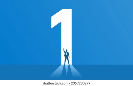 Successful businessman standing in front of an open door in the shape of number one. Vector illustration.