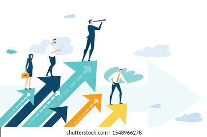 Successful Businessman Standing On The Arrow, Which Pointing Up As Symbol Of Achievement, Success And Developing Business In Successful Way. Businessman Looking Forward With The Telescope.