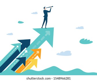 Successful Businessman Standing On The Arrow, Which Pointing Up As Symbol Of Achievement, Success And Developing Business In Successful Way. Businessman Looking Forward With The Telescope.