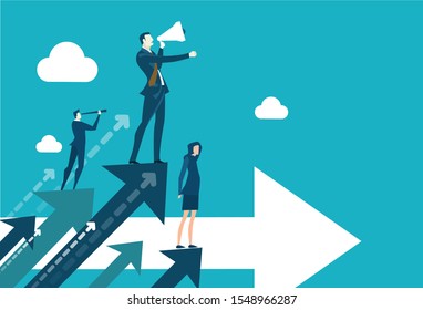 Successful businessman standing on the arrow, which pointing up as symbol of achievement, developing business in successful way. Businessman controlling the process and giving orders with loudspeakers