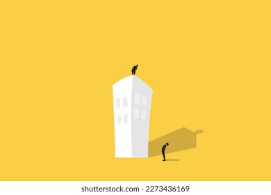 Successful businessman standing on the building looking down and man looking up, which pointing up as symbol of achievement, success and developing business in successful way