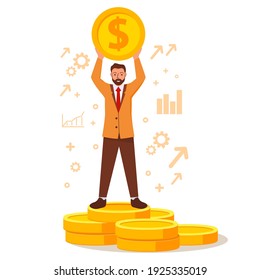 Successful businessman standing on coins stack dollar.Financier cartoon character.Rich worker.Man lifting coin of their wealth.Successful entrepreneurs.Businessman in suit standing at cash gold coins.