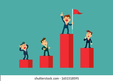 Successful businessman standing on higher bar chart than his competitors. Business competition concept.