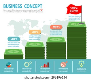 Successful businessman standing on money, Businessman on a ladder above the clouds, step by step,  person goes up the stairs, banner, diagram, web design,  infographics, Business Concept
