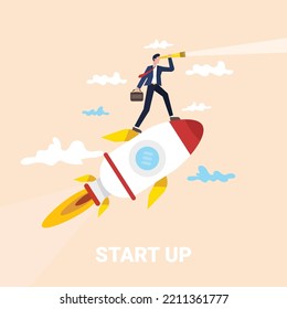 Successful businessman standing on a rocket. Startup Com. Concept of a visionary businessman.