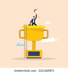 Successful businessman standing on a trophy. Startup Com. Concept of a visionary businessman.