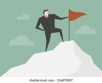 Successful Businessman. Businessman standing with red flag on mountain peak. Business concept cartoon illustration