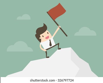 Successful Businessman. Businessman standing with red flag on mountain peak. Business concept cartoon illustration